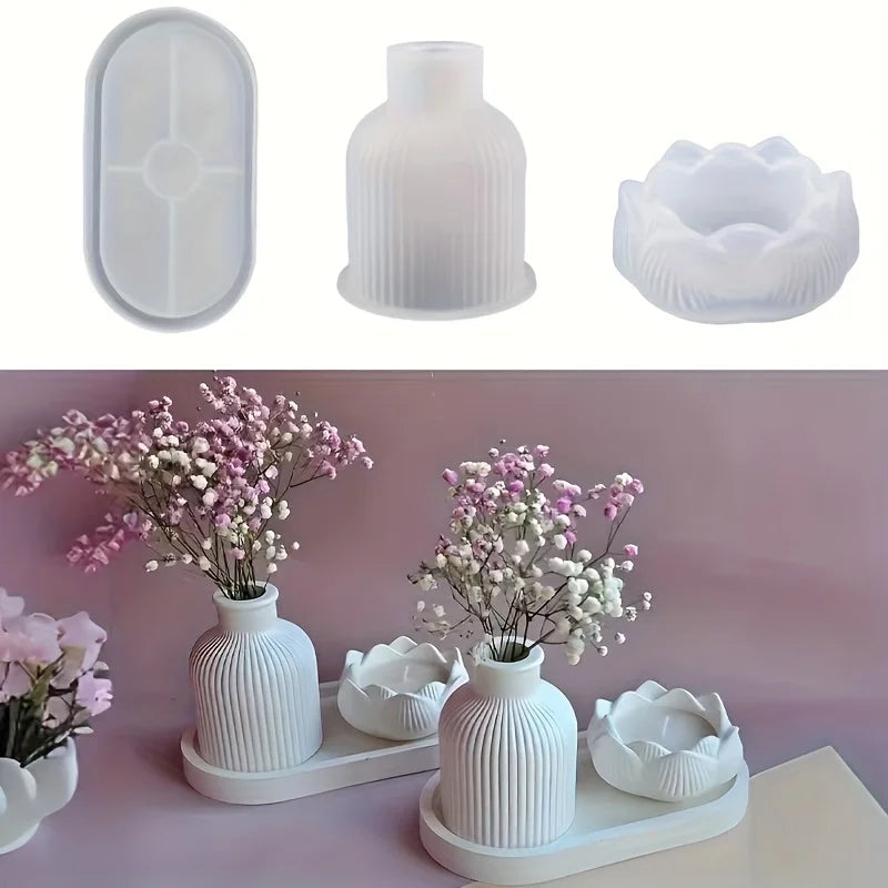Lotus Striped Vase Tray Silicone Mold Set DIY Epoxy Resin Plaster Mold for Flower Arrangement Aroma Clay Craft Home Decoration