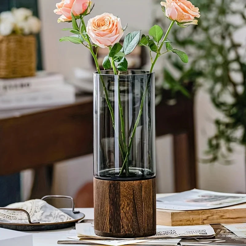 Elegant Glass Vase with Wooden Base for Hydroponic Plants,  Modern Tabletop Floral Arrangement Home Decoration