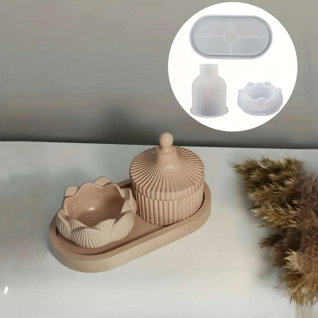 Lotus Striped Vase Tray Silicone Mold Set DIY Epoxy Resin Plaster Mold for Flower Arrangement Aroma Clay Craft Home Decoration