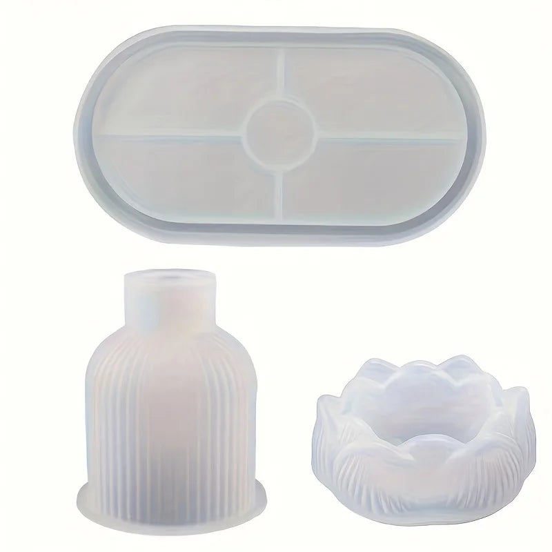 Lotus Striped Vase Tray Silicone Mold Set DIY Epoxy Resin Plaster Mold for Flower Arrangement Aroma Clay Craft Home Decoration